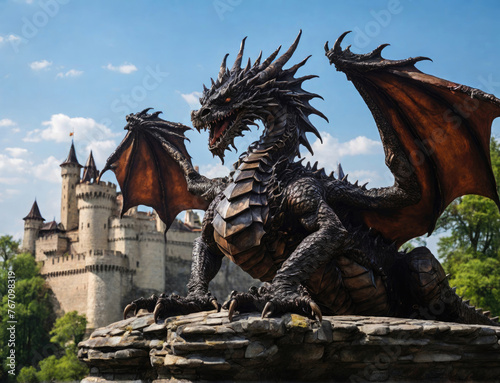 Detailed fantasy dragon against the background of the ancient castle © silent312