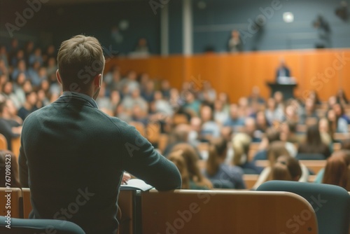 Audience listening to a business lecture in a lecture hall, soft focus shot from the back of the listeners. Concept of self educating importance.