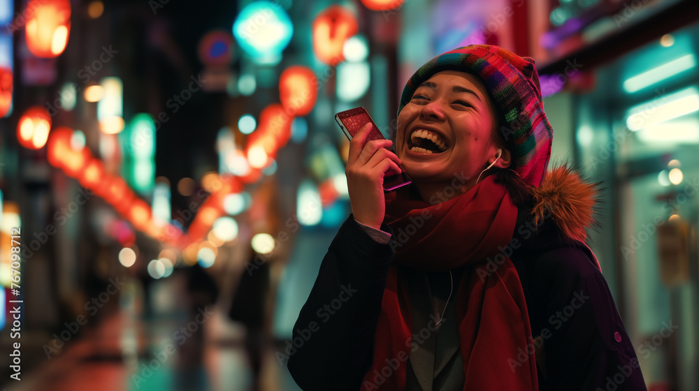 Mulher japonesa sorrindo usando seu celular nas ruas com luzes desfocadas ao fundo