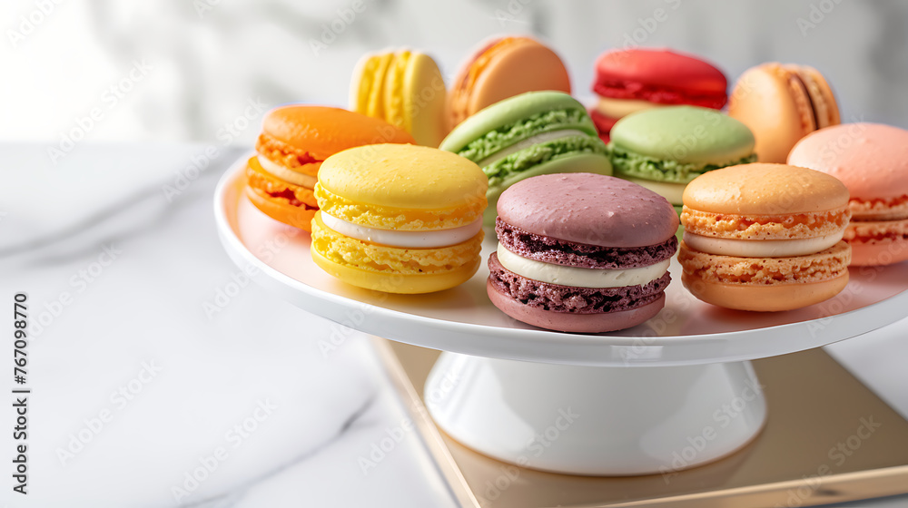 Close-up photo of colorful macarons, French almond cookies, tender and delicious dessert