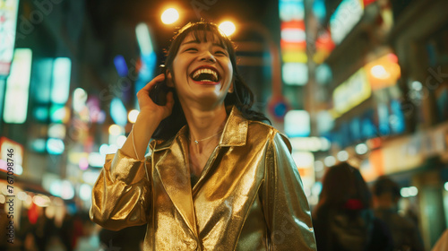 Mulher japonesa com roupas douradas andando nas ruas enquanto fala no celular e da risada