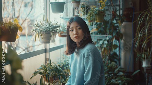 Mulher japonesa vestindo um sueter azul claro na varanda de sua casa cheia de plantas  photo