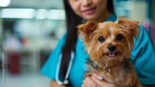 Woman in Scrubs Holding Small Dog