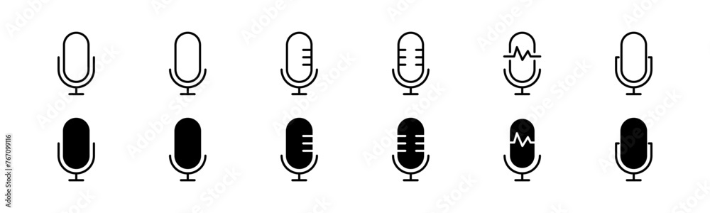Outline mic icon set. Set of glyph microphone vector. Line mic collection. Microphone set - obrazy, fototapety, plakaty 