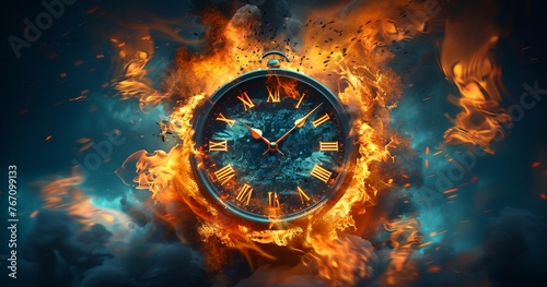 Clock Engulfed in Flames Against Dark Background