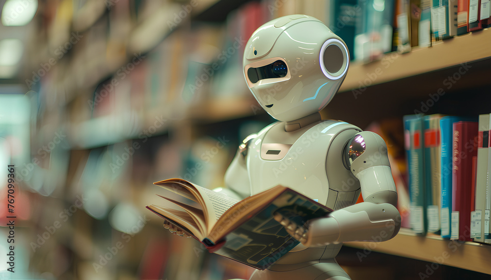 artificial intelligence reading book on blurred library background