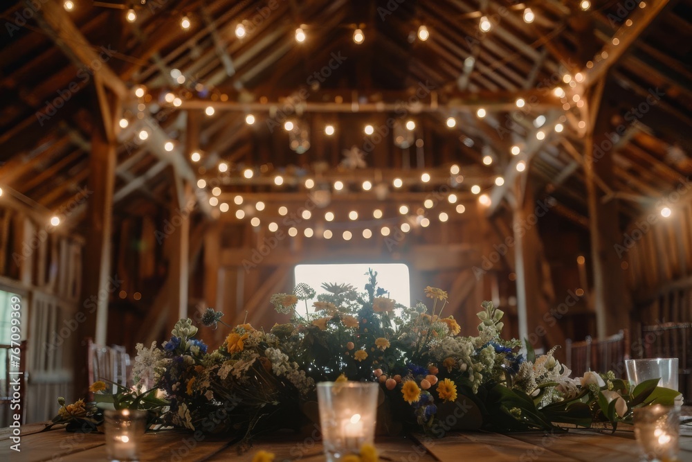 Rustic Barn Wedding Reception with String Lights and Wildflowers, Romantic Event Design