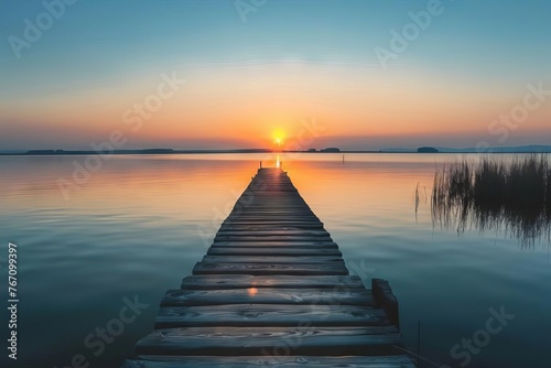 Rustic Wooden Pier Extending into Calm Lake at Sunset, Peaceful Landscape Photography