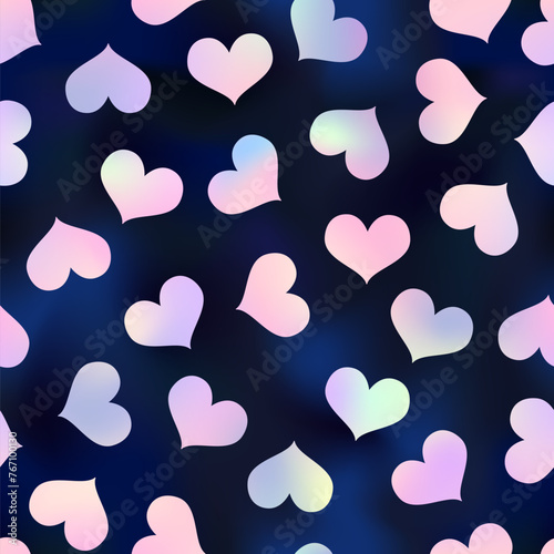 Cute neon pink heart seamless pattern. Vector love hearts holographic texture on black gradient background. Valentines day rainbow print, trendy abstract minimal design.