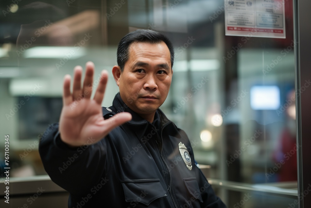 Border guard showing a stop sign gesture with his hand palm forbidding crossing the border. Concept of migrance control and migrants problem. Border guard showing a stop sign gesture with his hand palm forbidding crossing the border. Concept of migrance control and migrants problem.