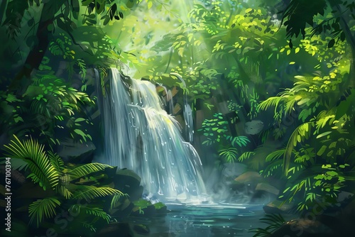 Serene Cascades Tranquil Waterfall in a Lush Tropical Rainforest Oasis  Digital Landscape Painting