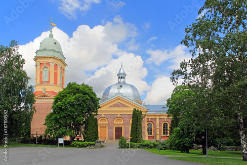 The beautiful red-brick Kanta-Loimaa Church in Hirvikoski, Loimaa, Finland, completed in 1837, represents the renaissance revival style.