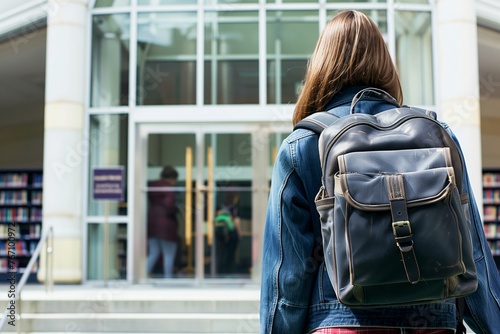 backpack hanging on shoulder of student at library entrance © studioworkstock