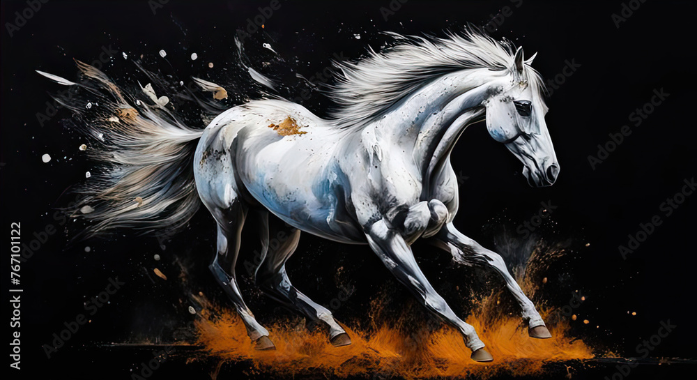 Naklejka premium oil painting of a beautiful white stallion galloping on a dark background. a powerful running horse is drawn with large strokes