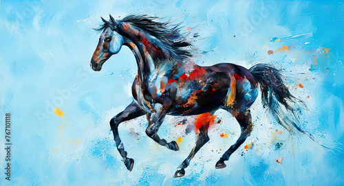 oil painting of a beautiful black stallion galloping on a blue background. a powerful running horse is drawn with large strokes