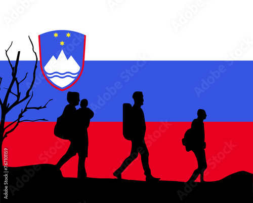 Immigration and refugees front of Slovenia flag, immigrant and refugee concept