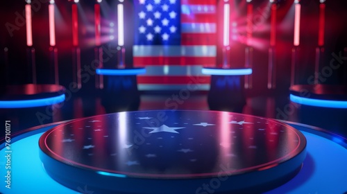 A futuristic political debate stage with a reflective floor cast in patriotic red and blue lights, under a grand American flag, ideal for election coverage and political events.