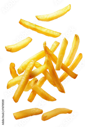 Falling french fries, potato fry isolated on white background, clipping path