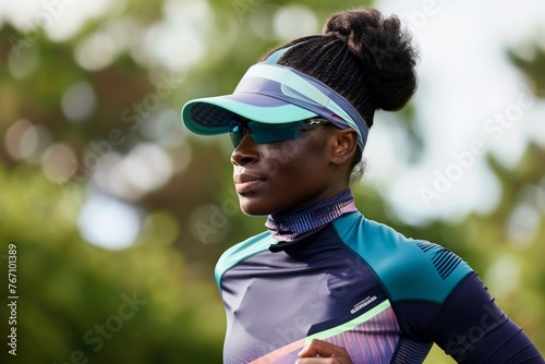 athlete wearing a visor and moisturewicking shirt for a run photo