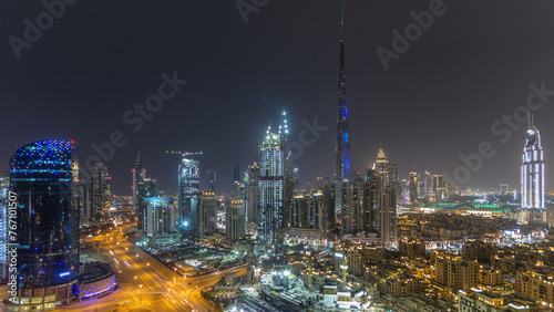 Canvas Print Dubai downtown cityscape with Burj Khalifa, LightUp light show aerial timelapse