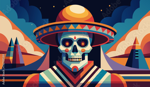 Mexican poster with sugar skull and sombrero for festival dia de los muertos. Mexico background, festive backdrop. Vector artwork of skull wearing a sombrero in a traditional day of the dead style