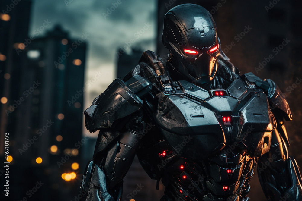 Portrait of a robotic man superhero in dark city made with generative AI technology Portrait of a robotic man superhero in dark city made with generative AI technology