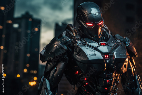 Portrait of a robotic man superhero in dark city made with generative AI technology
