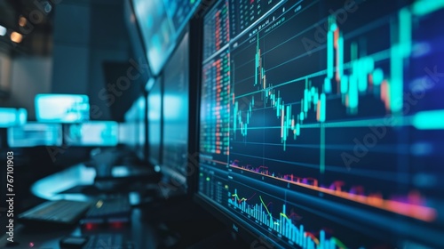 stock data monitor analyzing data stock market in monitoring room on the data presented in the chart, forex trading graph, stock exchange trading online, financial investment