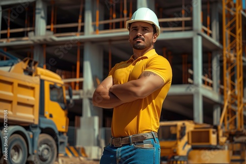 Ouvrier costaud sur un chantier avec un immeuble en construction. Muscular, hard-working man on a building site.