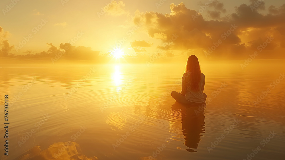 Obraz premium A spiritual guru meditates on a serene misty lake, embraced by the warm glow of a rising sun, radiating peace and reflection