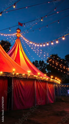 Circus tent with illuminations lights at night 