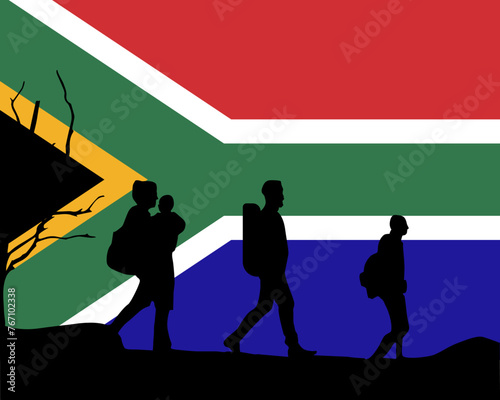 Immigration and refugees front of South Africa flag, immigrant and refugee concept