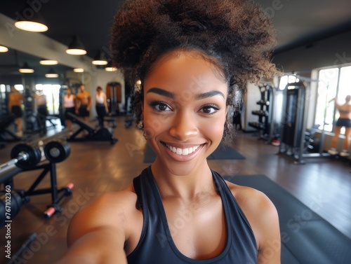 A woman is smiling and taking a selfie in a gym