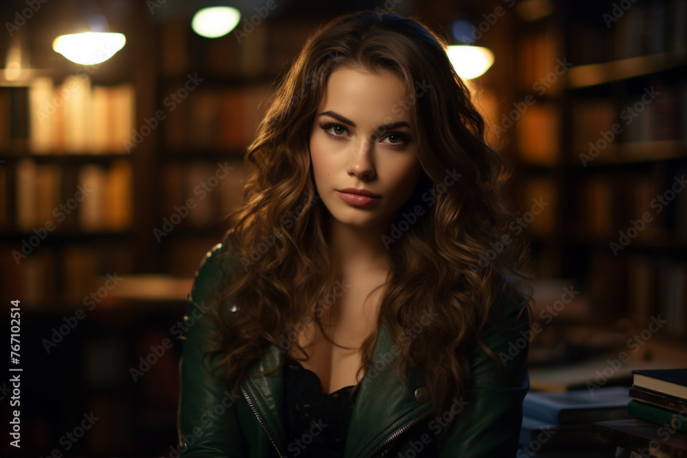 Generated with AI image of young librarian or college teacher woman standing in library in front of book shelves Generated with AI image of young librarian or college teacher woman standing in library in front of book shelves