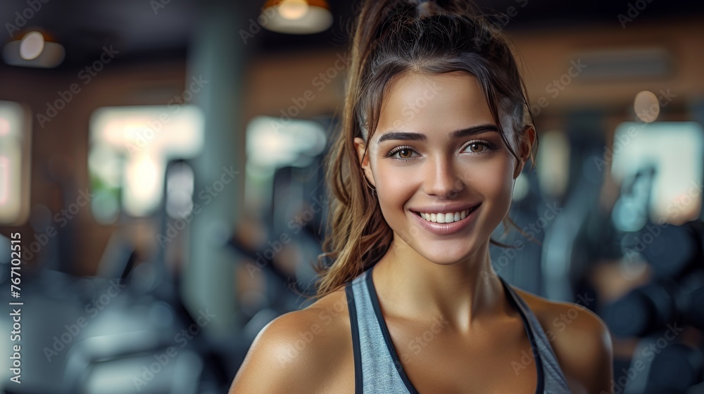 A woman is smiling and posing for a picture in a gym A woman is smiling and posing for a picture in a gym