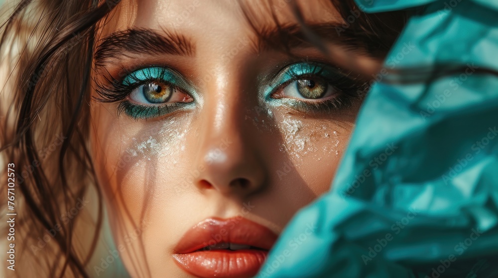 Young woman with beautiful bright green eyes with shining blue shadows, beige lipstick and expressive eyebrows, pitted look of colored paper, fashion, beauty, make-up, cosmetics, salon style - obrazy, fototapety, plakaty 