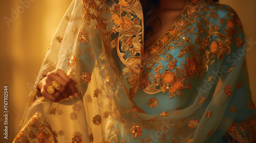  A vibrant Punjabi dupatta adorned with intricate golden embroidery  shimmering under the festive Eid lights