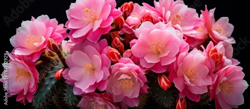 A beautiful arrangement of pink flowers  possibly from the Rose family  stands out on a striking black background. The contrast enhances the vivid colors of the flowering plants