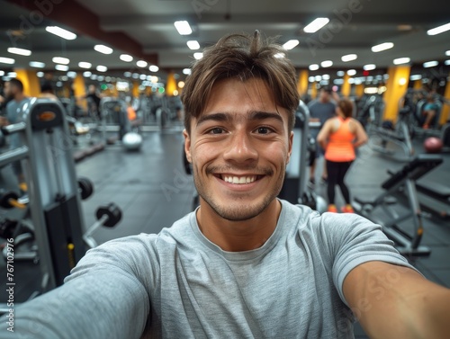 A man is smiling and taking a selfie in a gym