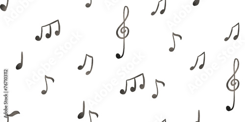 Seamless background with musical notes. Black and white illustration. Endless hand drawn background illustration