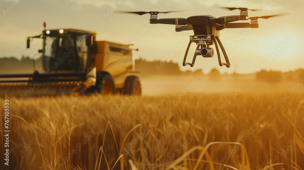 Obraz premium Modern agriculture, grass on field, drone and harvester, illustration, background