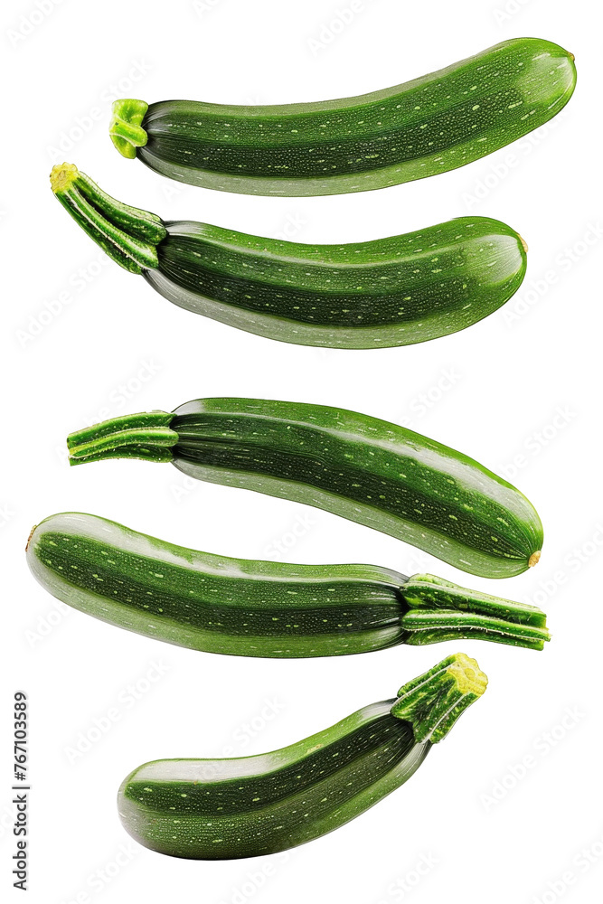 Falling zucchini isolated on white background, clipping path, full depth of field Falling zucchini isolated on white background, clipping path, full depth of field