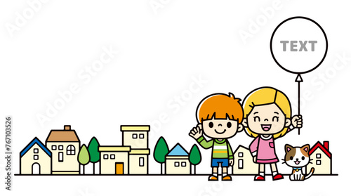 Fotografie Clip art of boy and girl with balloons in street