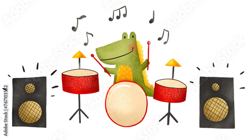 Cute illustration with a dinosaur. A dinosaur plays drums near the speakers. Rock musician. Hand drawn children's illustration on isolated background photo