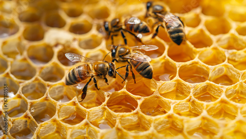 Busy bees on honeycomb, pollinators at work, sustainable agriculture. © Imaging L