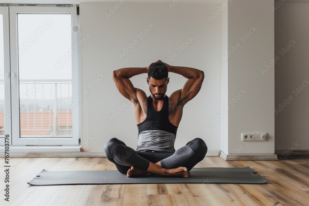Fototapeta premium man sitting on yoga mat doing triceps extensions