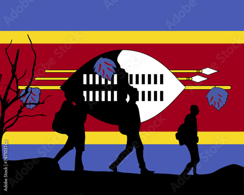 Immigration and refugees front of Swaziland flag, immigrant and refugee concept