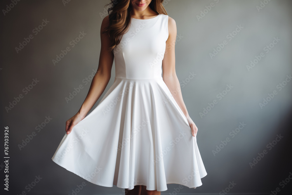 Fototapeta premium Dress mockup. Blank white medium bodycon dress on girl, front view. Summer sundress template, women's clothing for design, advertising.