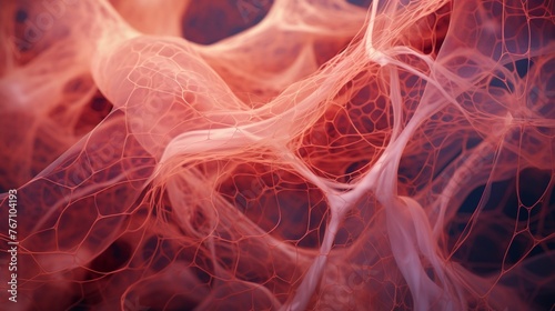 Intricate web of capillaries surrounding human muscles, soft red glow, macro realism #767104193
