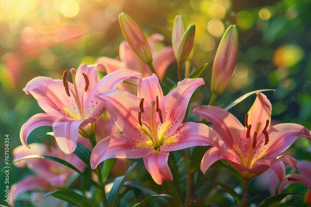 Fototapeta premium Lily flowers in a garden with a dark background